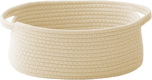 JMvicyroam Woven Basket - Small Rope Storage Bin with Handles | Beige Organizer for Shelves & Closets