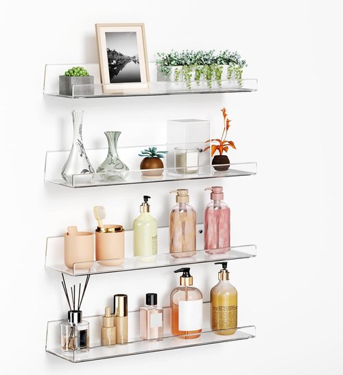 Albumgit 4 Pack Acrylic Wall Shelves - Self-Adhesive 15" Clear Floating Shelf for Organizing Decor