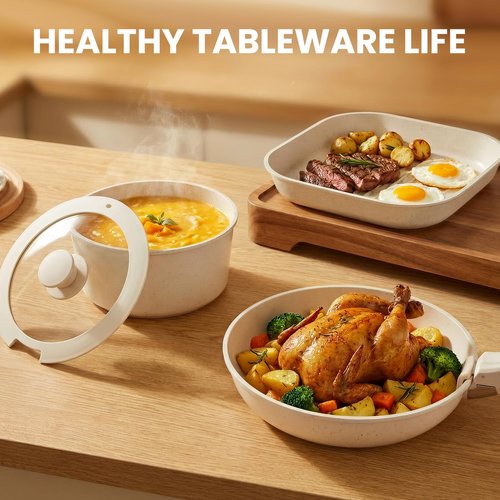 DENENTT Nonstick Ceramic Cookware Set 20-Piece - Pots and Pans Set with Detachable Handle - RV Stackable Kitchen Cooking Set, Induction/Dishwasher/Oven Safe, with Frying, Cream White