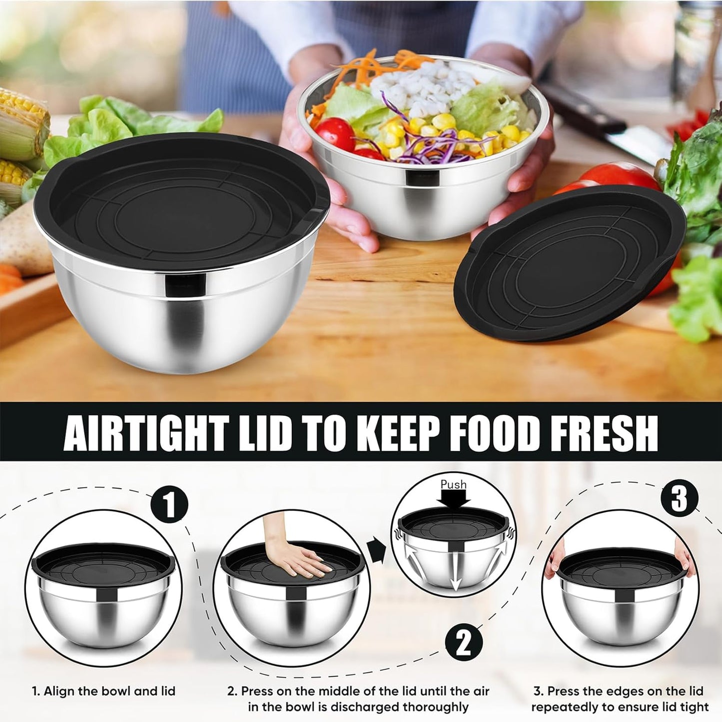 P&P CHEF Mixing Bowls Set - 3 Stainless Steel Bowls with Lids | Airtight, Stackable, 4.6/3/1.5 QT