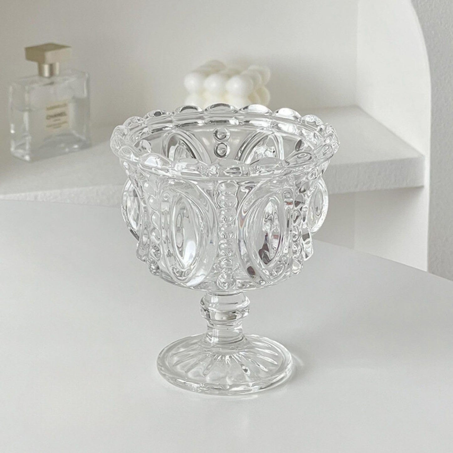 Boxonly Clear Crystal Dessert Goblet Set of 2 - Vintage Style 250ml Embossed Glass, 4.7"x3.9" / 12cmx10cm Footed Cups for Ice Cream & Sweets