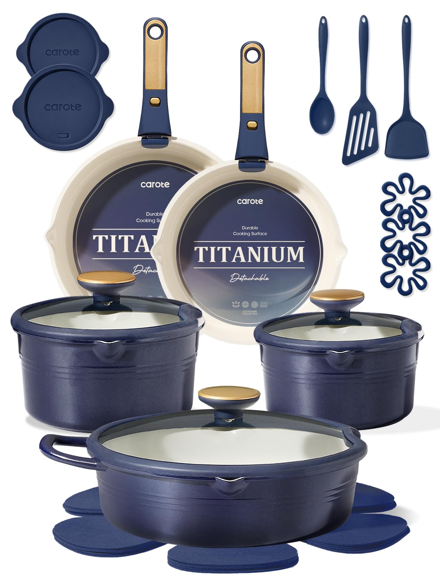 CAROTE 17Pcs Titanium Pots and Pans Set, Cookware Set Nonstick, Kitchen Cooking Set with Detachable Handle, RV/Camping Cookware, Dishwasher/Oven Safe, Grey