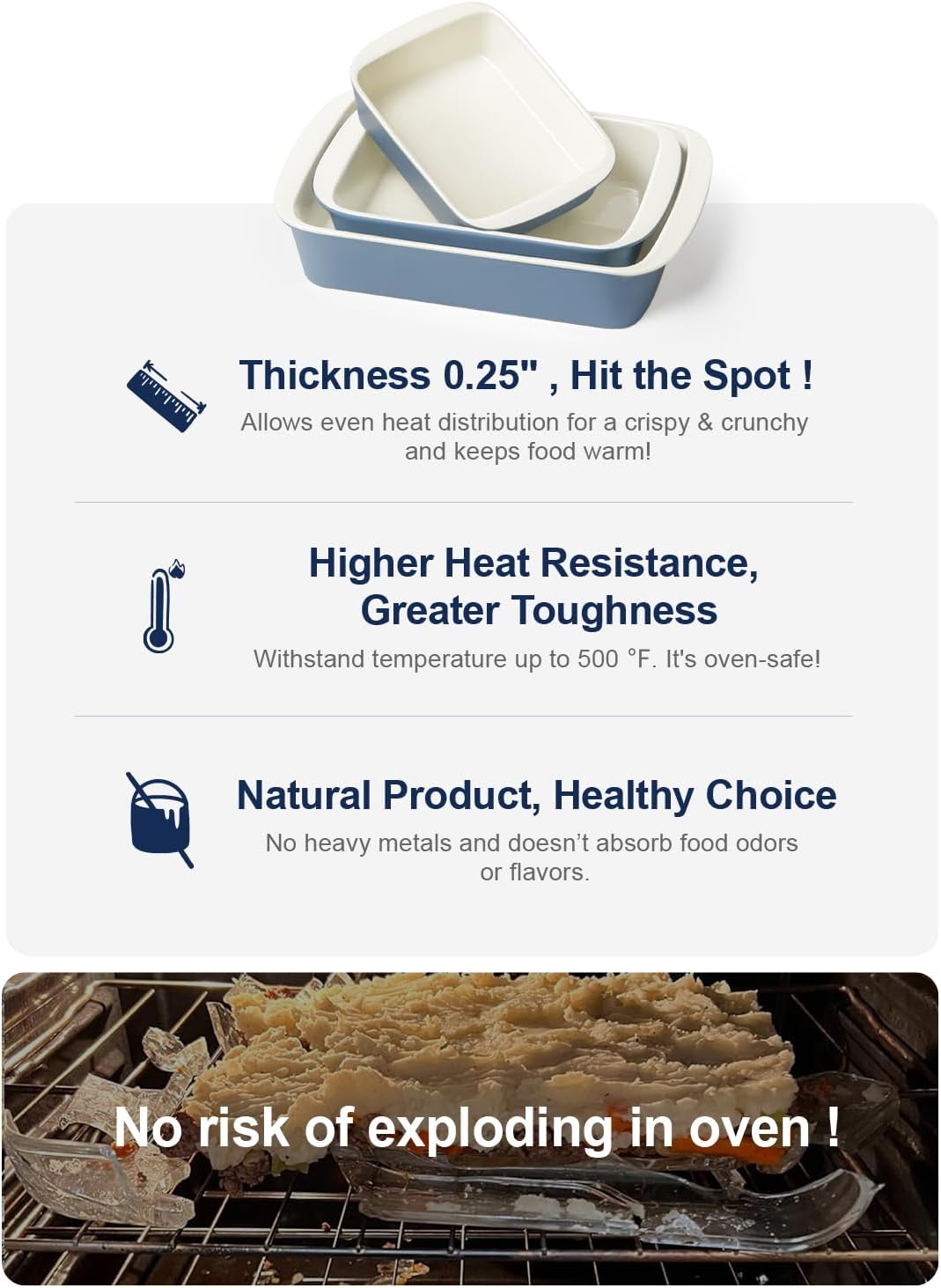 LE TAUCI Ceramic Baking Dish Set - Deep Casserole Dishes with Roasting Racks | Dusty Blue, 3-Piece Set (4.6QT/3.0QT/1.6QT)