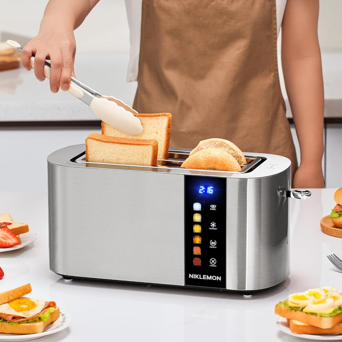 NIKLEMON Stainless Steel 4-Slice Toaster - LED Display, Extra Wide Slots, 1300W Power | Bagel & Defrost Functions