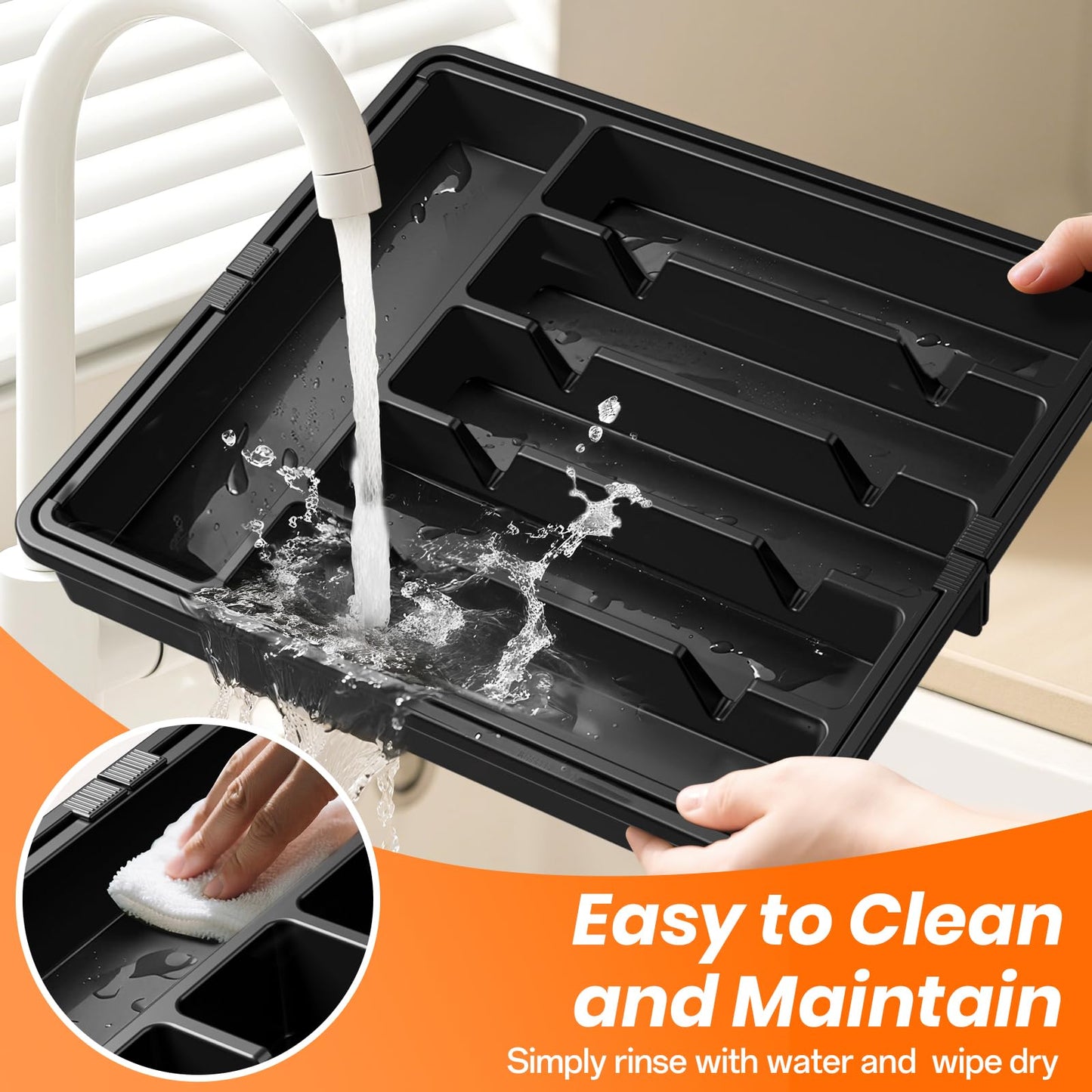 RoomHacks Large Silverware Organizer,Expandable Utensil Drawer Organizer,BPA Free Utensil Holder,Adjustable Silverware Tray Cutlery Drawer Organizer for Kitchen Flatware,Large,Black (6-8 Slots)