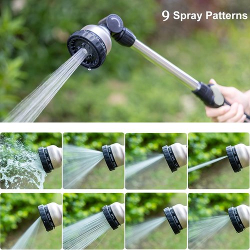 FANHAO 16-Inch Metal Watering Wand - Heavy Duty Hose Nozzle with 9 Spray Patterns & 180° Rotation - Black