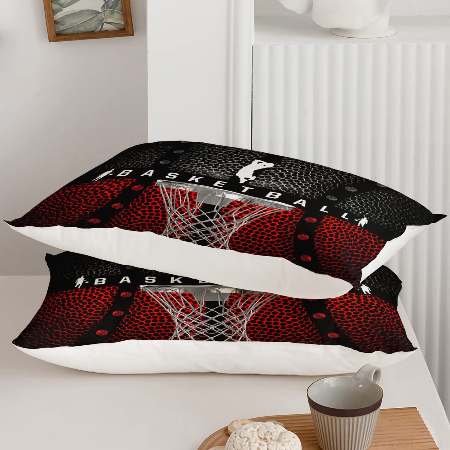 Axolotl Basketball Bedding Set for Boys Kids Teens,Soft Microfiber Black and Red Sports Theme Basketball Bedding Sets Full Size with 1 Comforter and 2 Pillowcases All Season