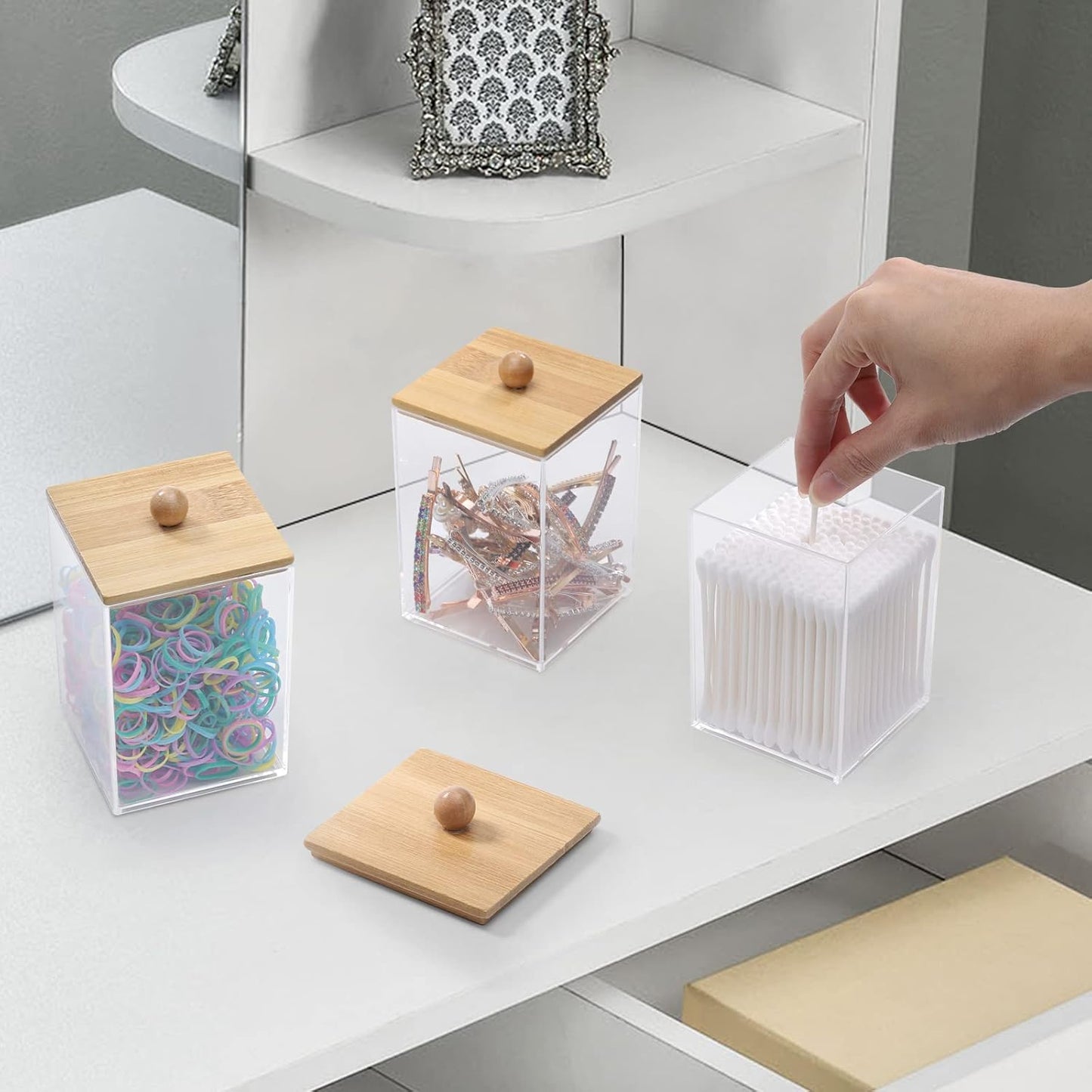 Tbestmax Square Qtip Holder Set - 12 oz Bathroom Organizers with Bamboo Lids for Cotton Swabs & Balls