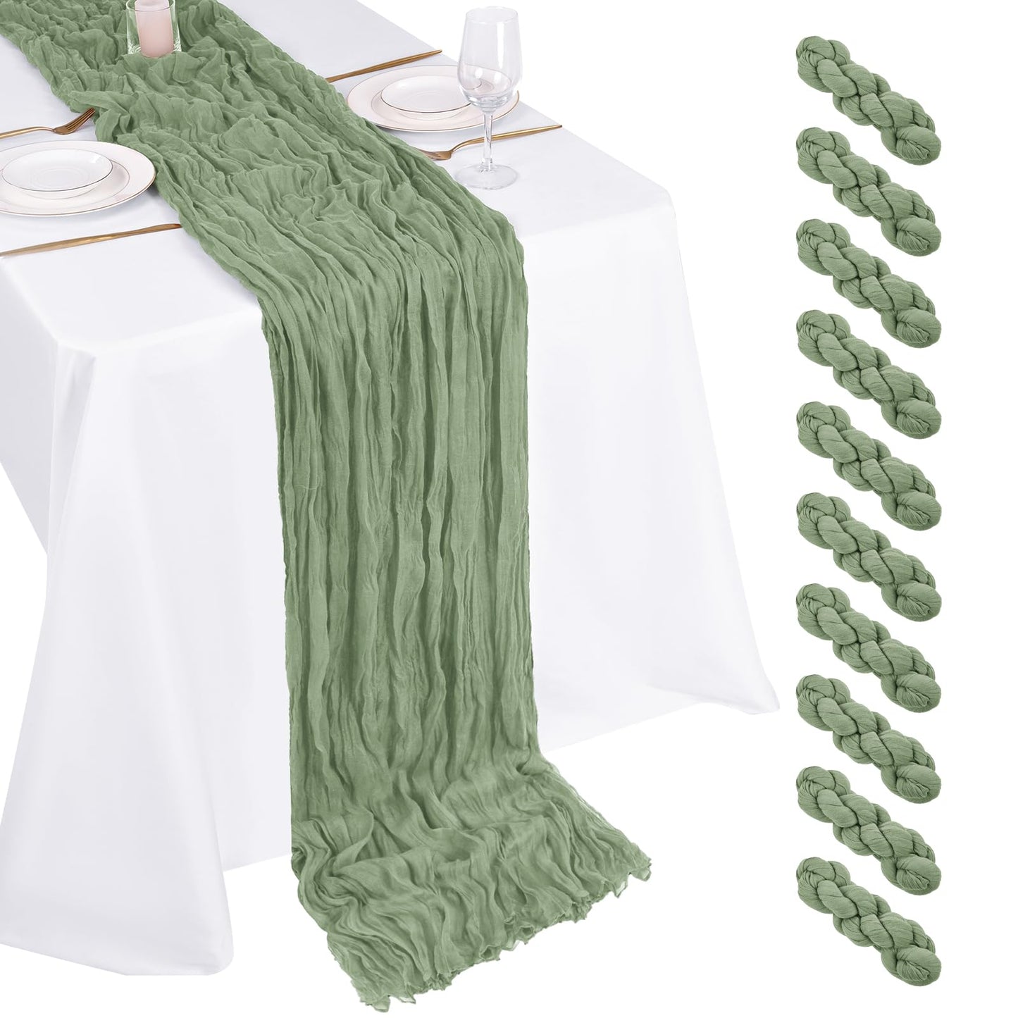 10 Pack Sage Green Cheesecloth Table Runner 17x108 Inch Boho Gauze Cheese Cloth Table Runners for Wedding Party Baby Shower Birthday Home Decor