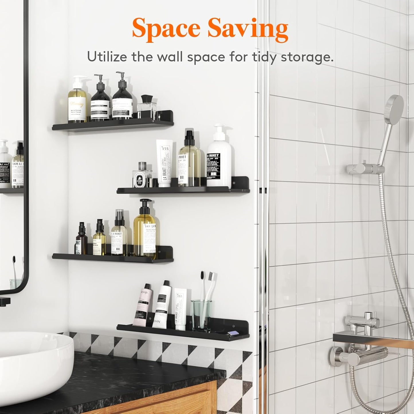 Lifewit Floating Shelves - 15" Acrylic Wall Organizer for Perfume & Decor | Black, 6 Pack
