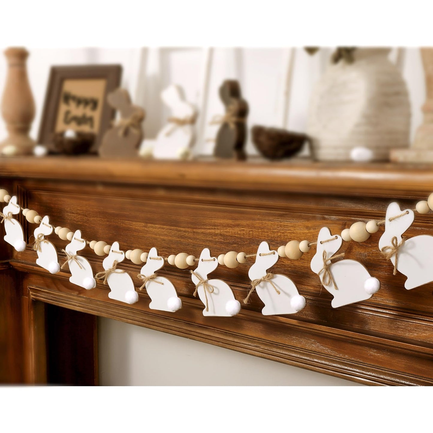 Easter Decorations Garlands, Cute Bunny Easter Garland with Wooden Beads, Rustic Banner for Mantel, Fireplace, Wall, Home, Farmhouse, Office, School Indoor Spring Decor Supplies