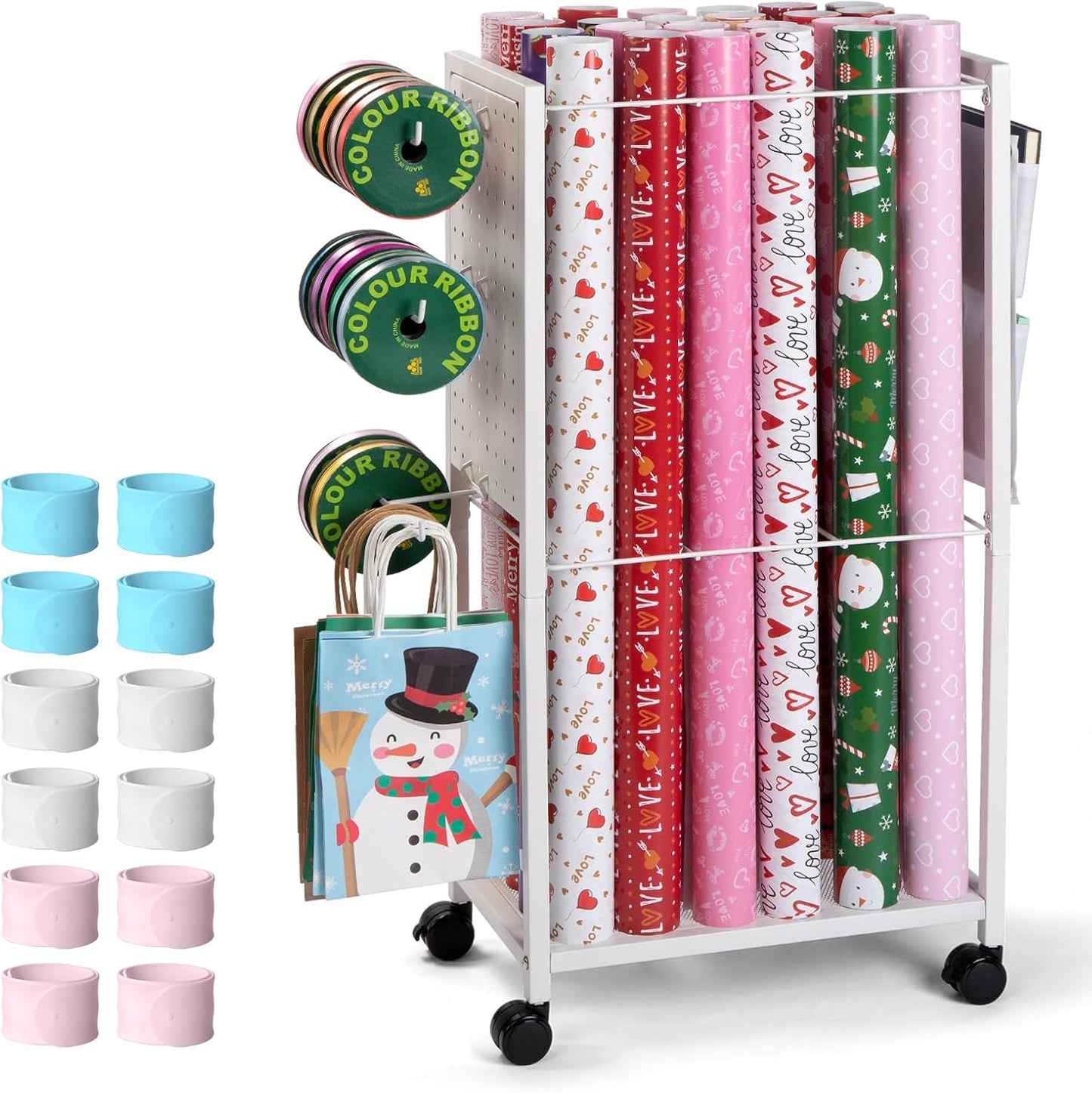 Wrapping Paper Cart - Gift Wrap Organizer with Rolling Storage Stand & Ribbon Holders | 12 PCS Slap Bracelets
