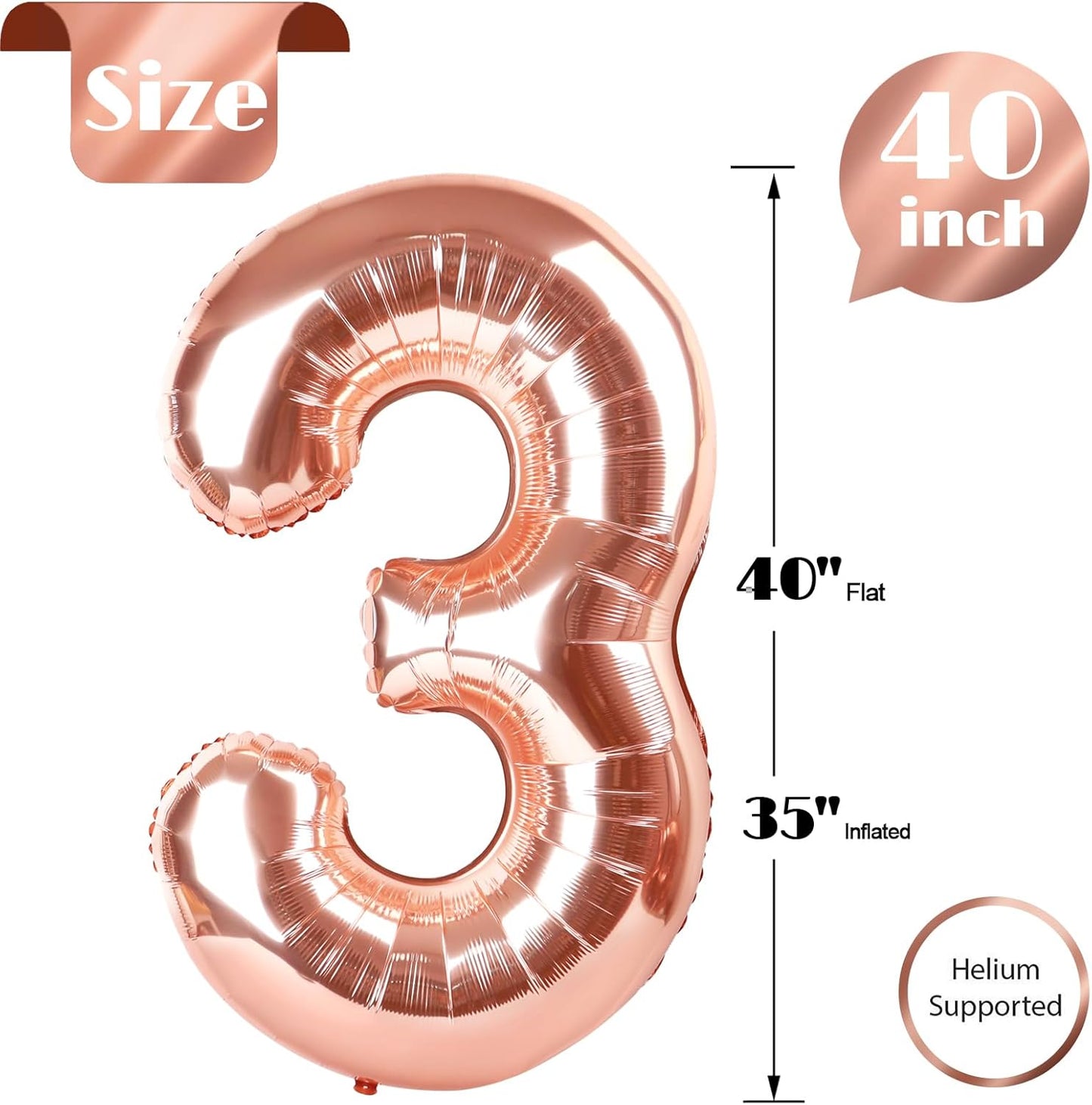 Rose Gold Number 3 Balloon - 40 Inch Birthday Decoration for Kids & Adults | Perfect for 3rd Birthday Parties