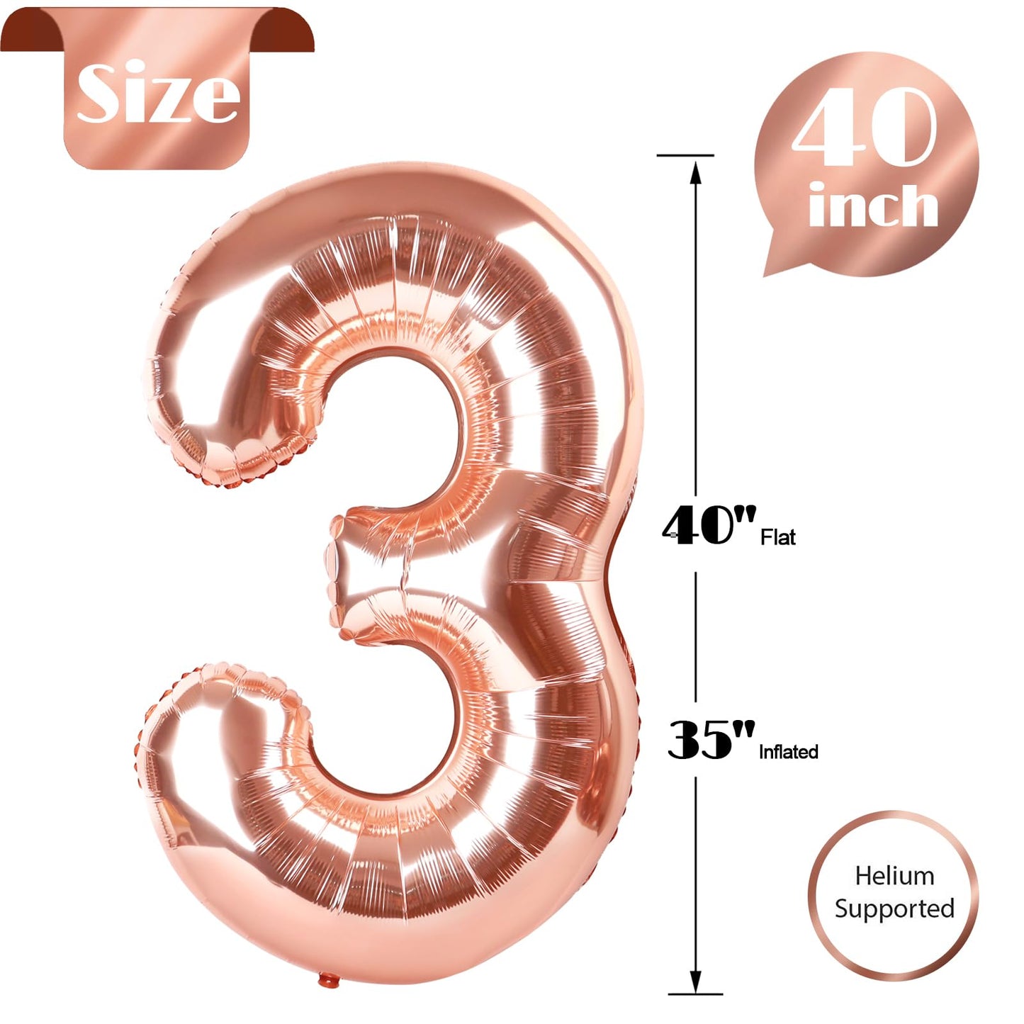 Rose Gold 3 Balloon, Number Balloons 40 Inch, 3rd Birthday Decorations for Kids Girls Boys, Men Women Party Supplies for Party Decorations, Number 3 Balloon