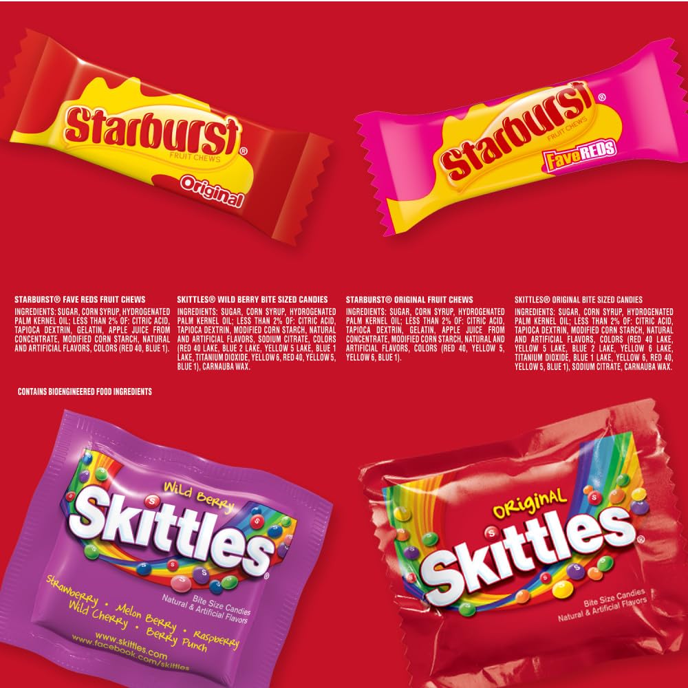 Skittles, Starburst Fun Size Chewy Candy Assorted Variety, Individually Wrapped, 32.28 Ounces, Bulk Bag