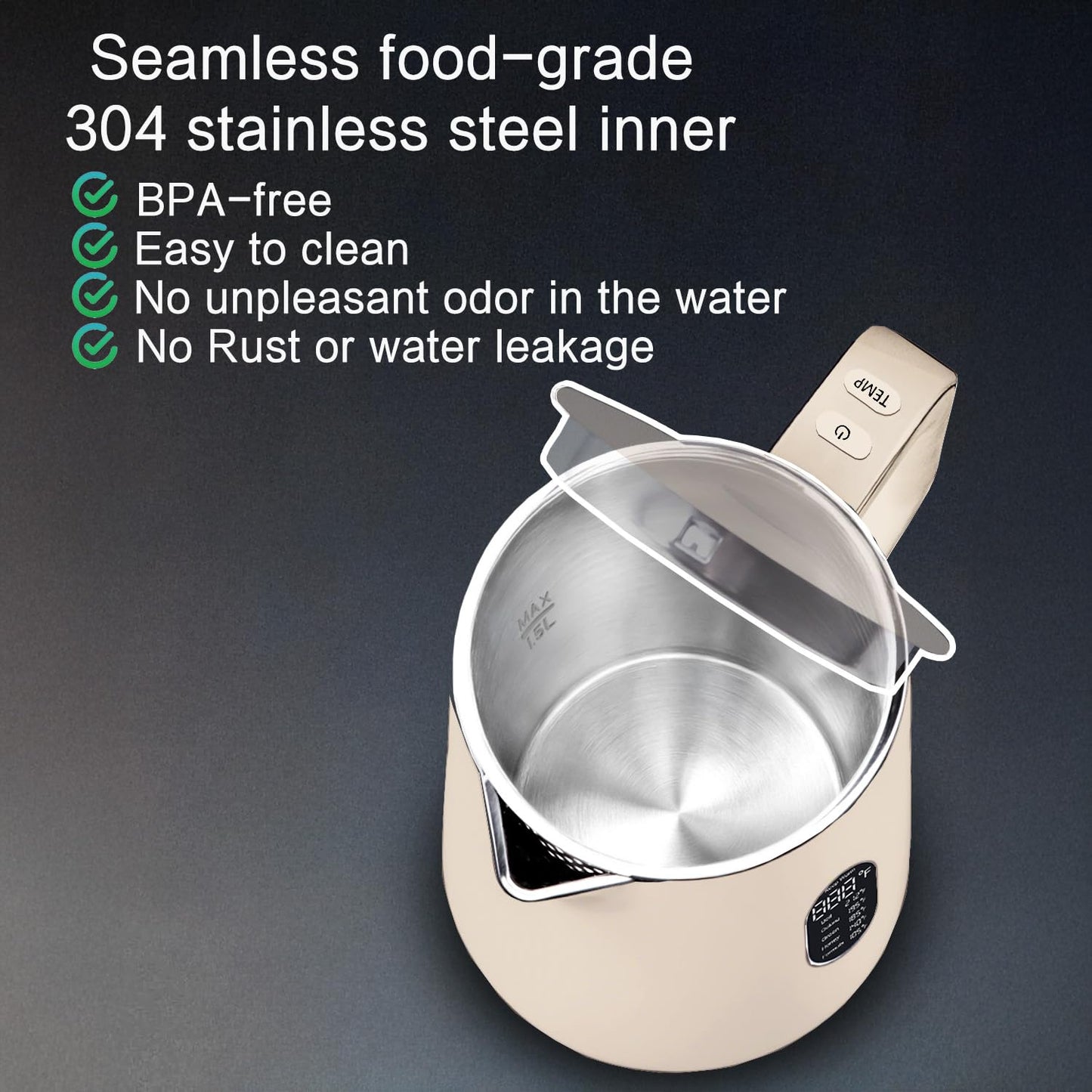 QUAXWELL 1.5L Electric Kettle Stainless Steel, Double Wall Cool Touch Teapot, Fast Boil,5 Temperature Control, LED Display, Auto Shut-Off,Keep Warm Function,Cream White