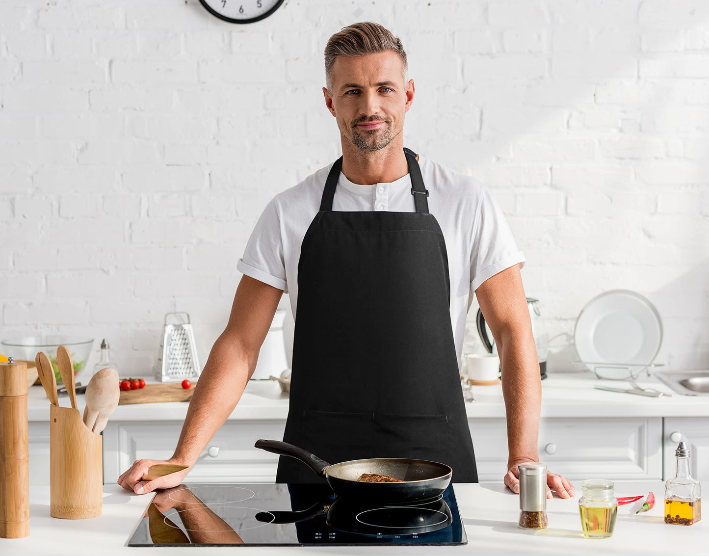 Utopia Kitchen 2 Pack Bib Apron, Adjustable with 2 Pockets, Water and Oil Resistant, Cooking Kitchen Chef Apron for Women Men (2 Pack, Black & White)