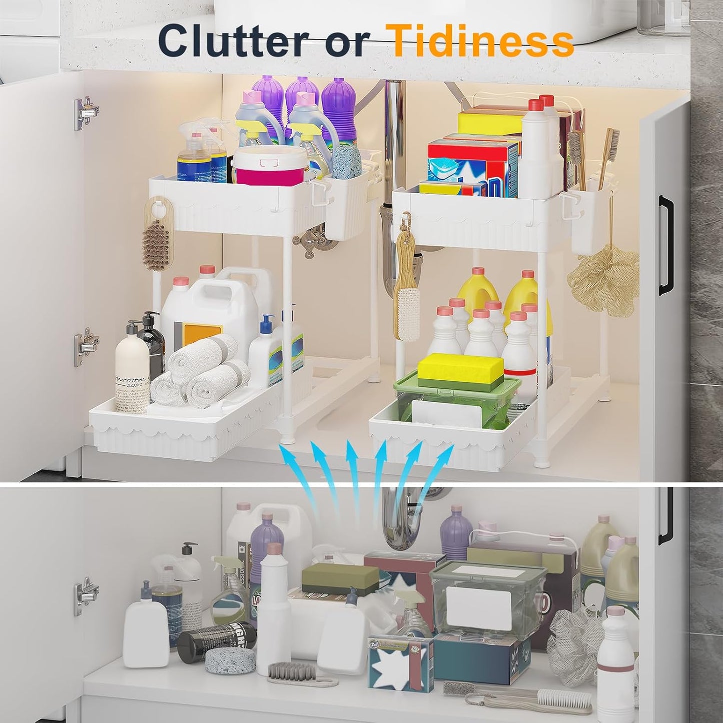 Sevenblue Under Sink Organizers - 2 Tier Sliding Bathroom & Kitchen Storage Shelf | White 2 Pack