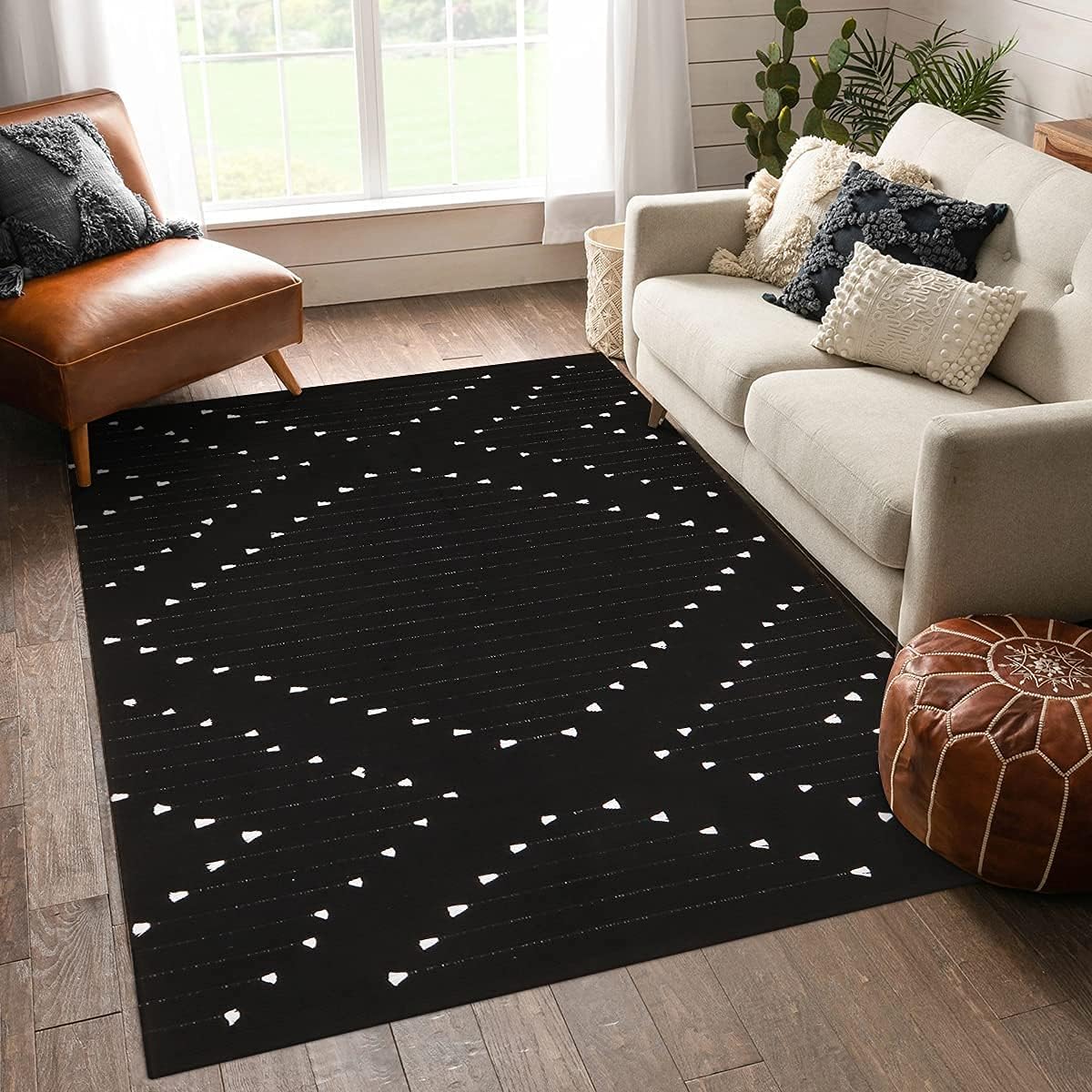 LIVEBOX Boho Washable Rug for Bedroom, Living Room 4' x 6' Black and White, Moroccan Cotton Carpet Indoor Outdoor Throw Area Rug for Entryway Dining Room Porch