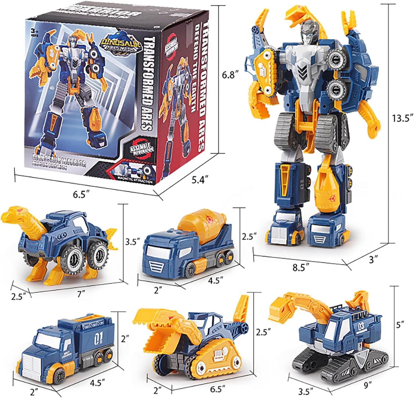 Skiennix Toddler Construction Car Transform Set - 5pcs Dinosaur Rescue Robots with Magnetic Connectors | DIY STEM Building Trucks for Kids Ages 3-7