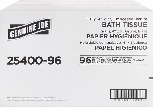 Genuine Joe Bath Tissue - 2-Ply Softness | 400 Sheets per Roll | 96 Count, 3" x 4" Size