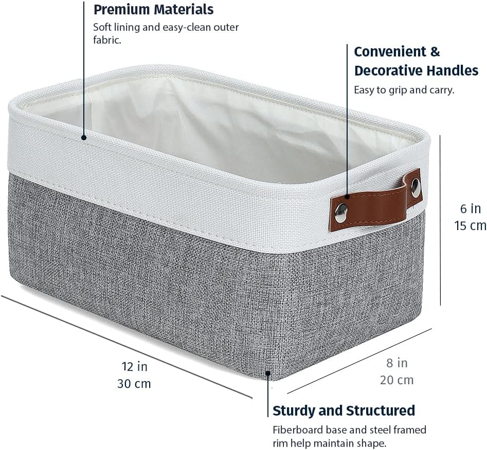 OrganiHaus Small Fabric Storage Baskets - 3 Pack Cloth Bins for Organizing | 12x8in Gray/Off-White