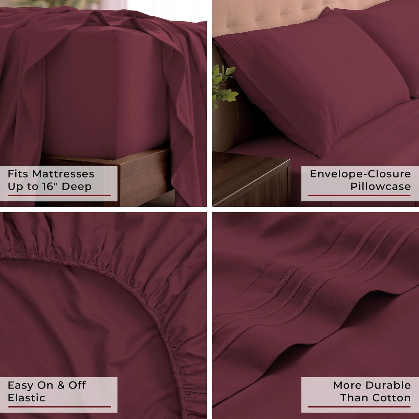 Mellanni California King Sheets Set - 4 PC Hotel Luxury Bedding | Extra Soft, Cooling, Wrinkle-Resistant (Burgundy)