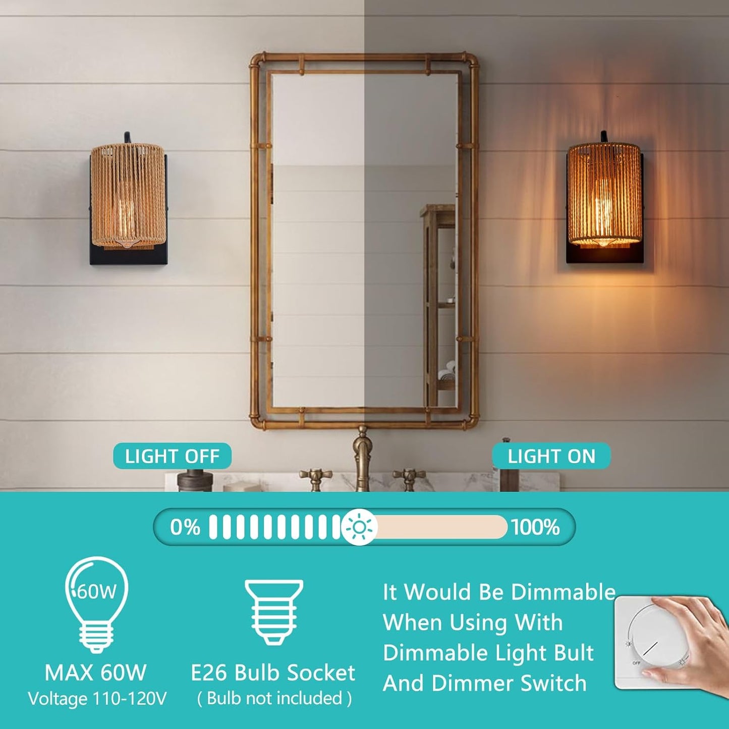 Boho Rattan Wall Sconces Set of Two, Farmhouse Wall Light Fixtures Lighting with Hand Woven Hemp Rope Shade Bedside Wicker Wall Lamp, Wall Mount Light Fixture for Bedroom Living Room Bathroom Stairway