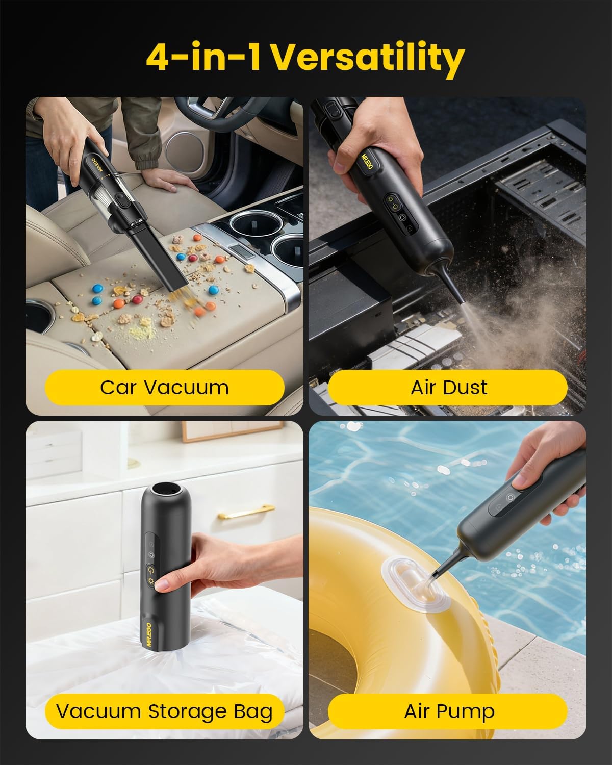 Mr.ego Handheld Car Vacuum - Portable 4-in-1 Mini Vacuum with 18500Pa Suction | Black with Green LED Light