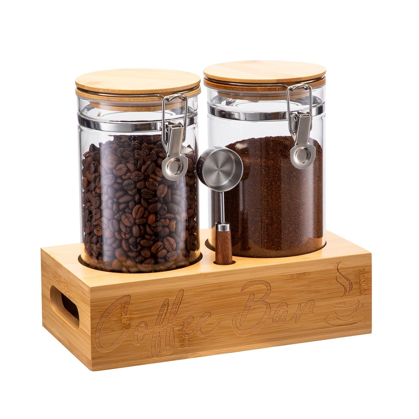 Spreccio Coffee Canister Set with Shelf, 2 x 50oz Coffee Bean Canister Storage Station Organizer with Airtight Lid for Kitchen, Food Storage with Scoop for Ground, Sugar, Cereal and Tea
