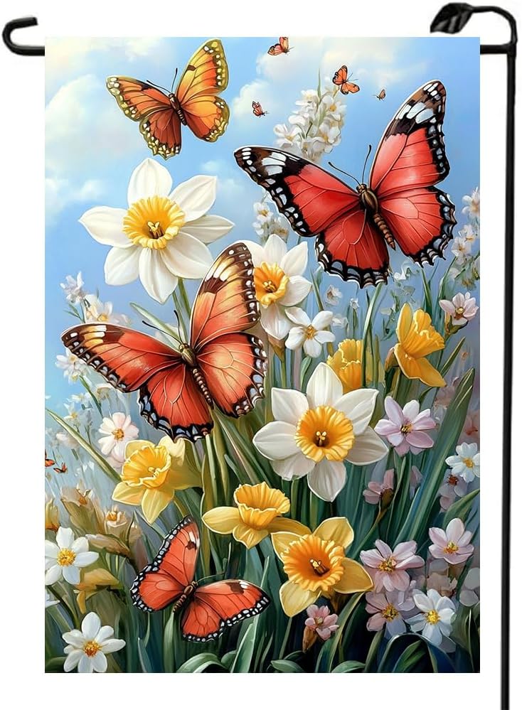 Spring Summer Garden Flag - 12x18 Double-Sided Burlap with Butterfly & Flowers | Outdoor Lawn Decor