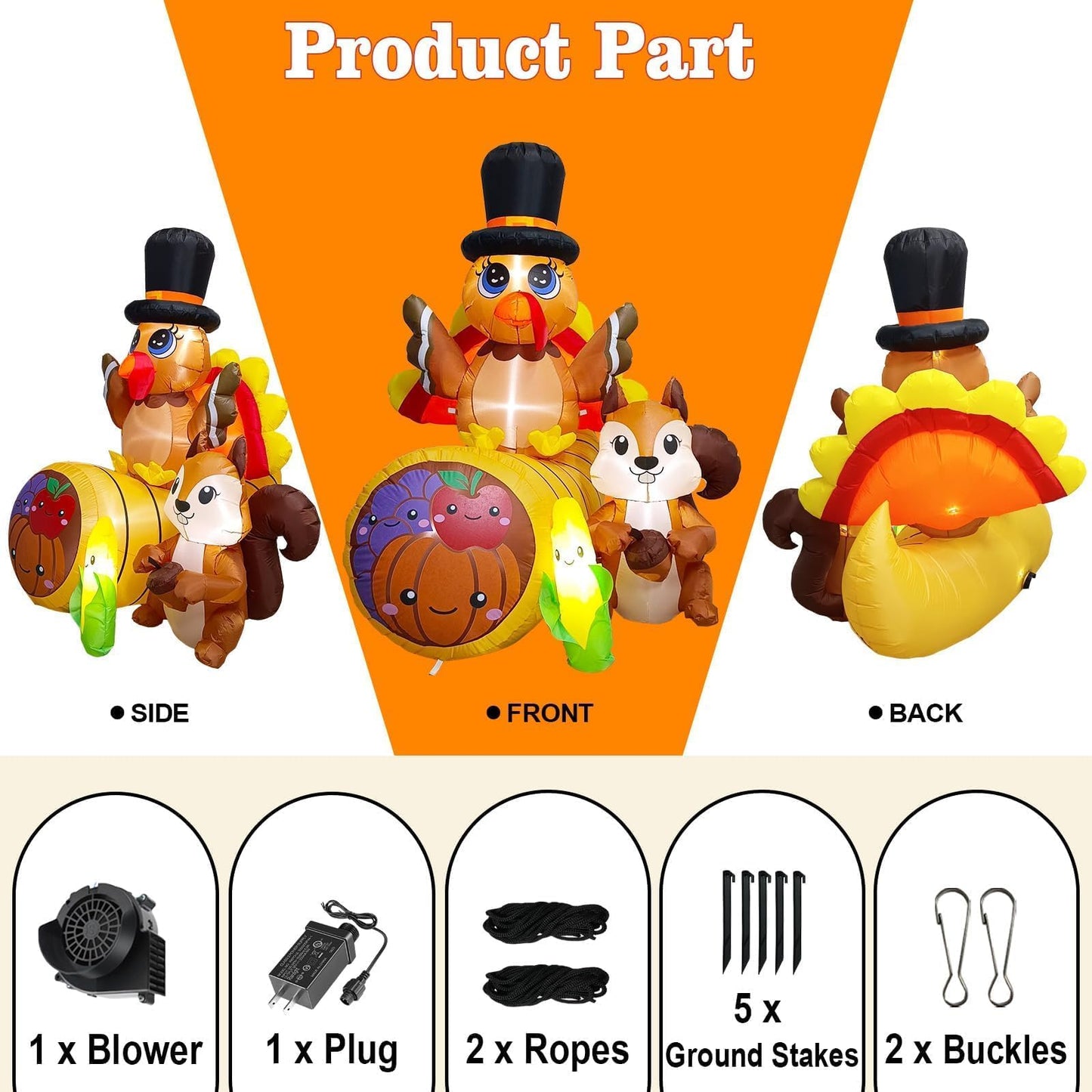 6FT Tall Thanksgiving Inflatables Turkey Decor with Squirrel Corn and Cornucopia, Build in LEDs Blow up Turkey Inflatable Outdoor Indoor Lawn Yard Thanksgiving Decorations - Autumn Holiday Harvest