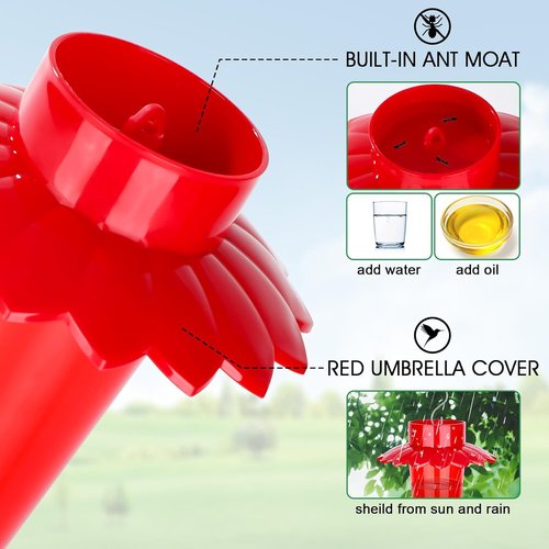 Fchstaer Hummingbird Feeders - 10 Oz Red Outdoor Hanging Feeders with 6 Ports & Ant Moat | 2 Pack