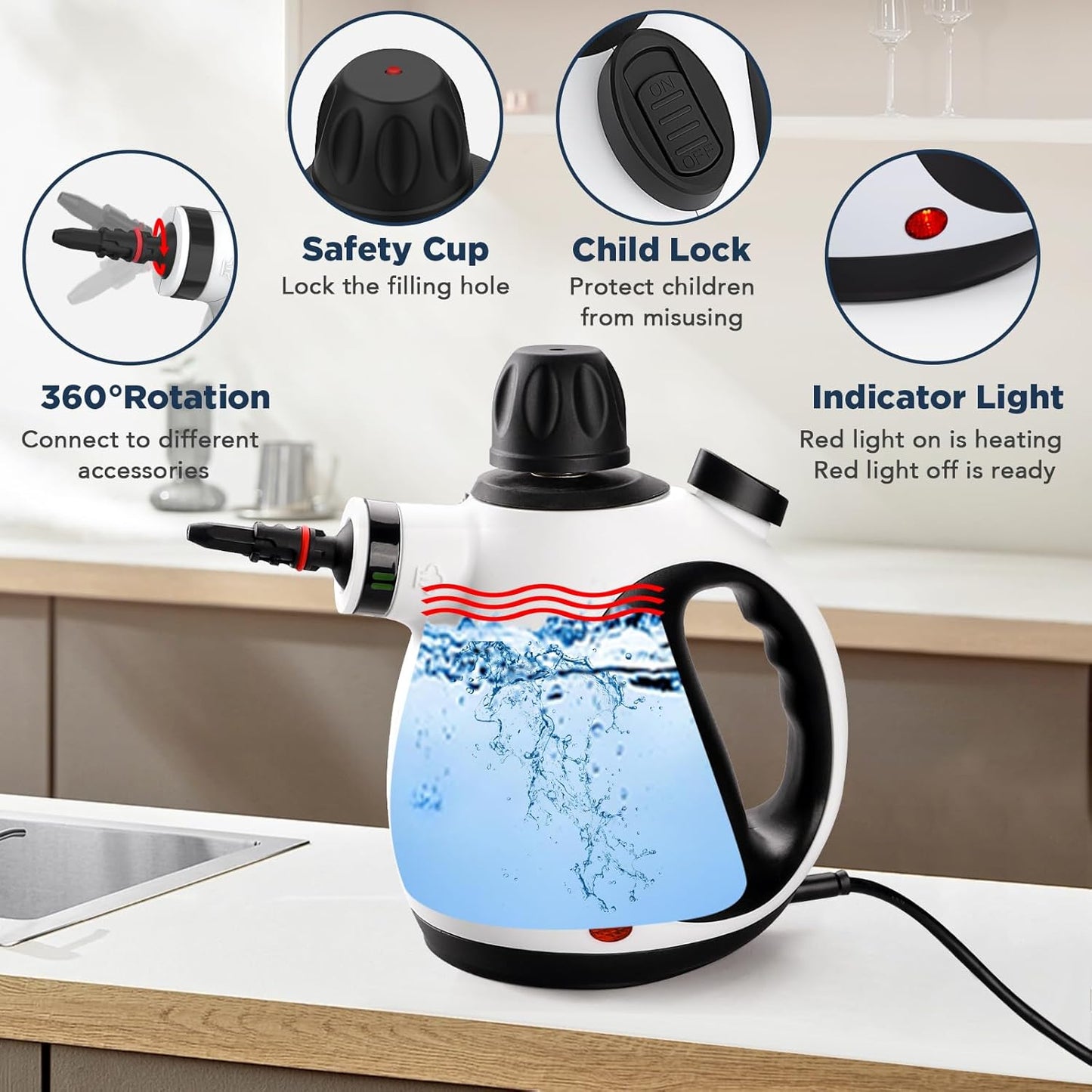 Skiennix Handheld Steam Cleaner - Portable Upholstery Steamer with 10 Accessories | Safe Grime Removal