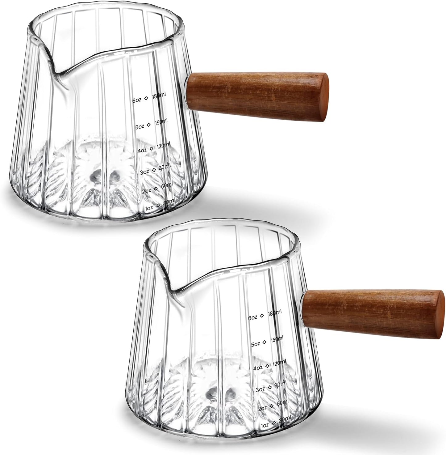 Skiennix Espresso Measuring Cup Set - 6 Oz Glass Cups with Wood Handle for Coffee & Milk Frothing