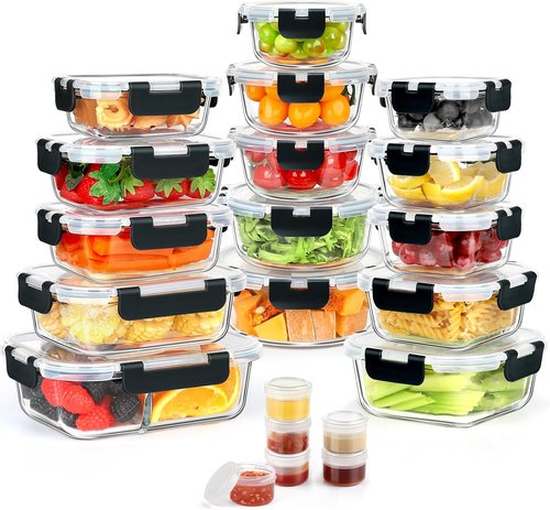 AMALEKO Glass Food Storage Containers Set - 42pcs Leak-Proof Meal Prep Containers with Snap Locking Lids | BPA-Free, Black