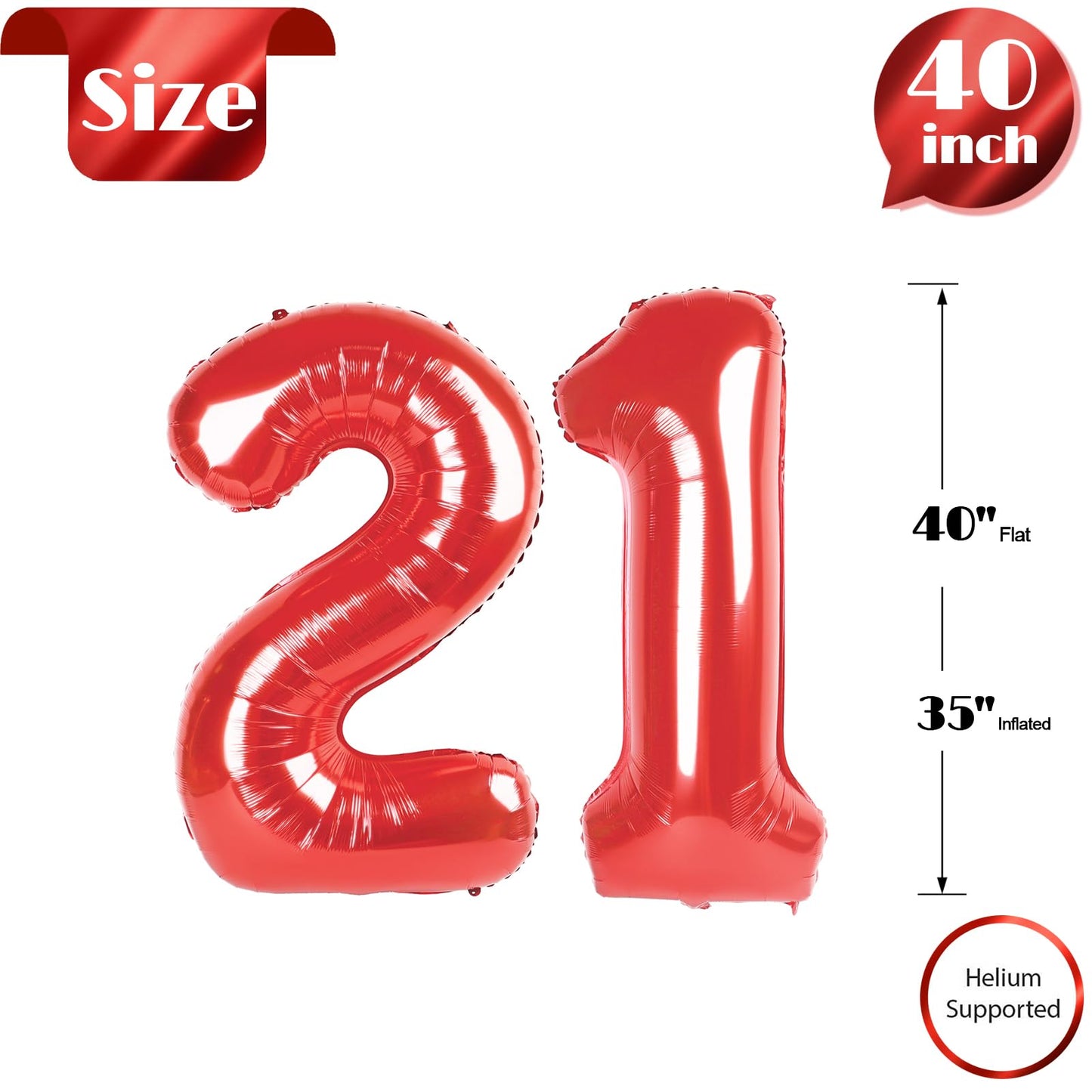 Red Number 21 Balloon 40 inch, 21 Number Balloons, 21th Red Birthday Decorations, 21 Year Old Girls Boys Party Supplies