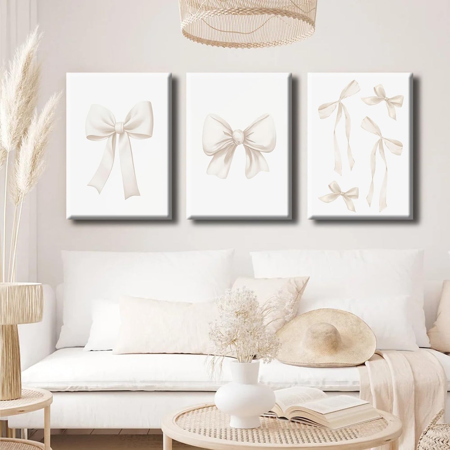 Beige Bow Canvas Wall Art,Coquette Preppy Bow Aesthetic Paintings Pictures Wall Decor Poster Print Artwork Beige Bow Poster Prints for Girls Room Bedroom Dorm Home Decor Wrapped Canvas
