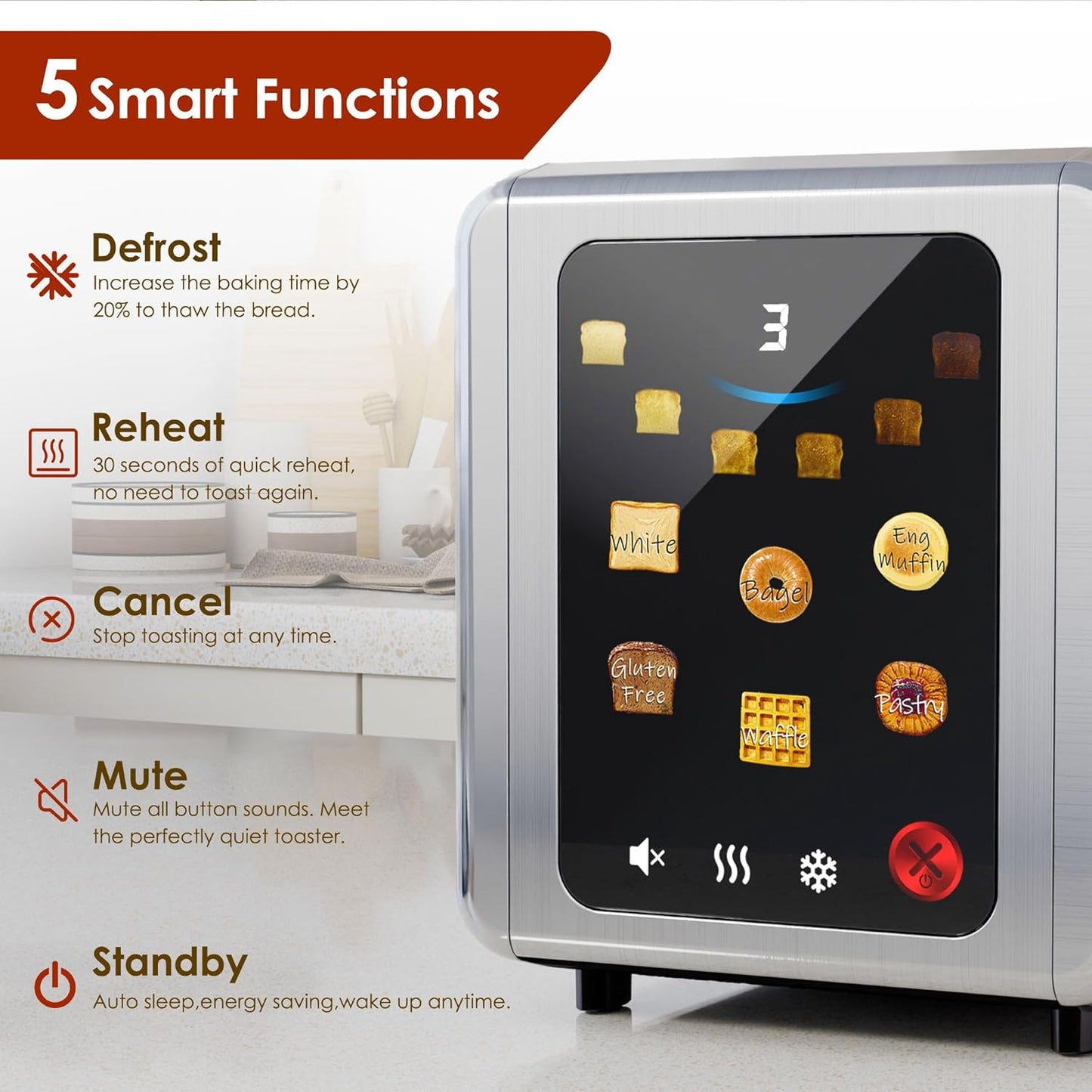WHALL 2-Slice Stainless Steel Toaster - Full Touch Screen, Digital Timer, 6 Bread Types & Shade Settings, Silver