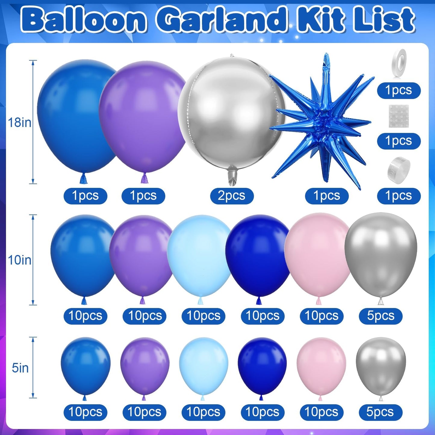 Blue Purple Silver Balloon Arch Garland Kit with Blue Star Foil Balloons Silver 4D Round Balloons for Hawaii Theme Baby Shower Birthday Party Decorations