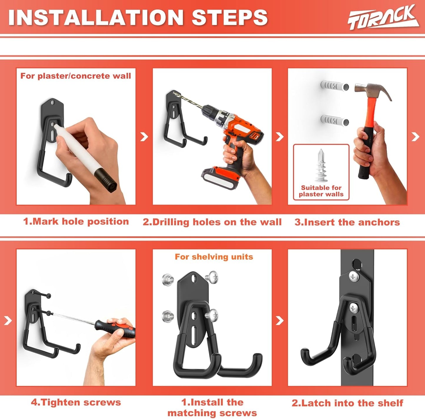 TORACK Garage Storage System Hooks - 15 PCS Wall-Mount Utility Hooks for Tools, Ladders & More (Black)