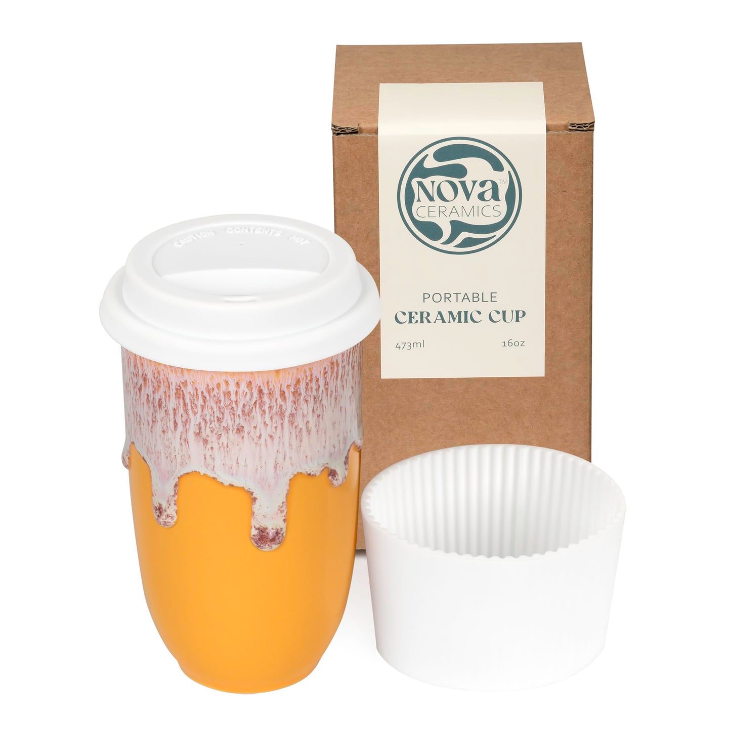 NOVA CERAMICS Ceramic Tumbler– Ceramic Travel Mug With Lid – Microwave & Dishwasher Safe Coffee White & Orange Tumbler - Gifts For Women Men Him Her – 16oz – Grapefruit