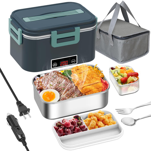 Electric Lunch Box Food Heater for Adults, 80W Heated Lunch Box with Digital Temperature Display,12V/24V/110V 1.8L Stainless Steel & 1L PP Fruit Container Portable Food Warmer LunchBox for Car/Work