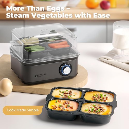 Annie & Mia Design Stainless Steel Electric Egg Cooker - 8 Egg Capacity, 500W, Auto Shut-Off, Recipe Guide (Black)