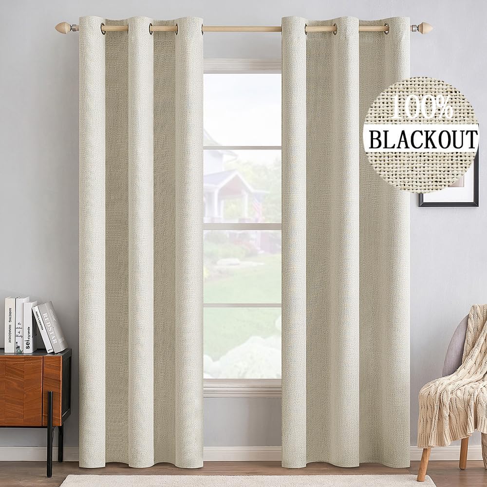 MIULEE 100% Blackout Linen Textured Curtains - Thermal Insulated Cream Drapes | Room Darkening 42 x 90 Inch (2 Panels)