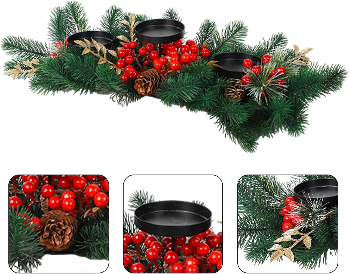 MorTime Christmas Centerpiece - 3 Candle Holders with Red Berries & Pine Cones | Indoor Table Decor