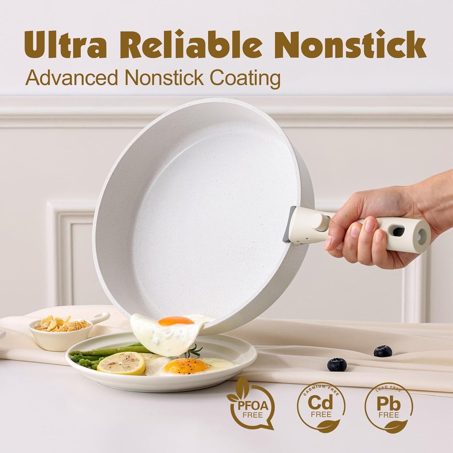 SENSARTE 17-Piece Nonstick Cookware Set - Induction Ready with Detachable Handles | PFOA Free, Dishwasher & Oven Safe (White)