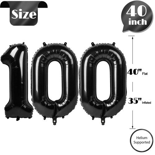 Black Number 100 Balloon 40 inch, 100 Number Balloons, 100th Black Birthday Decorations, 100 Year Old Women Men Party Supplies
