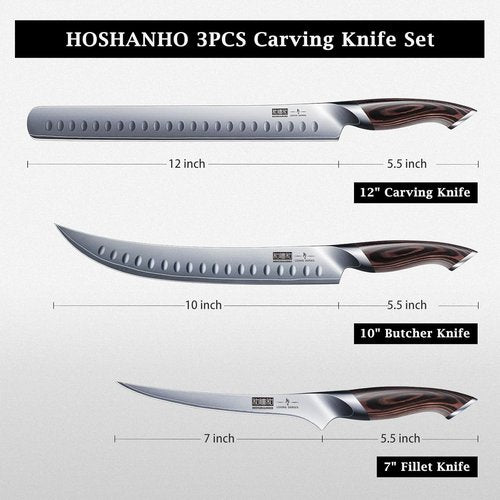 HOSHANHO Carving Knife Set - 3PCS Japanese High Carbon Steel Knives with Ergonomic Pakkawood Handle