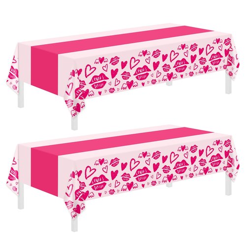 Childom 2 Pcs Valentines Day Tablecloths for Valentines Day Decorations,54" x 108" Disposable Plastic Tablecloths,Rectangle Lip Table Cover for Party Decorations Mothers Day Anniversary Birthday